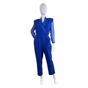1980s Vintage Cobalt Blue Tuxedo Jumpsuit by Rhodes Collections | Sheer Sleeve